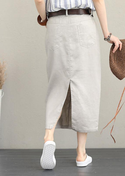 Khaki Ramie Mid-length Skirt With Elastic Waist