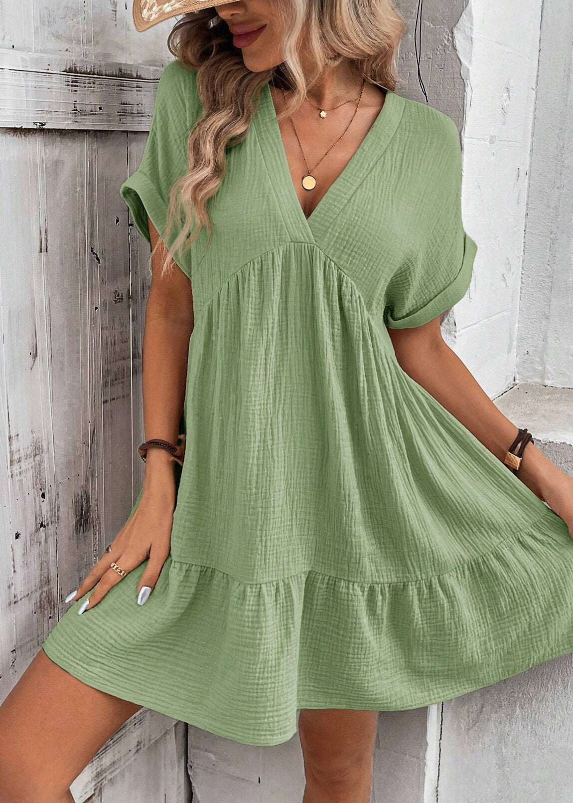 Green V Neck Cotton a Line Dresses Summer