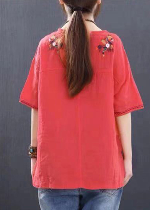 Handmade Red O-neck Embroideried Linen Tank Tops Short Sleeve
