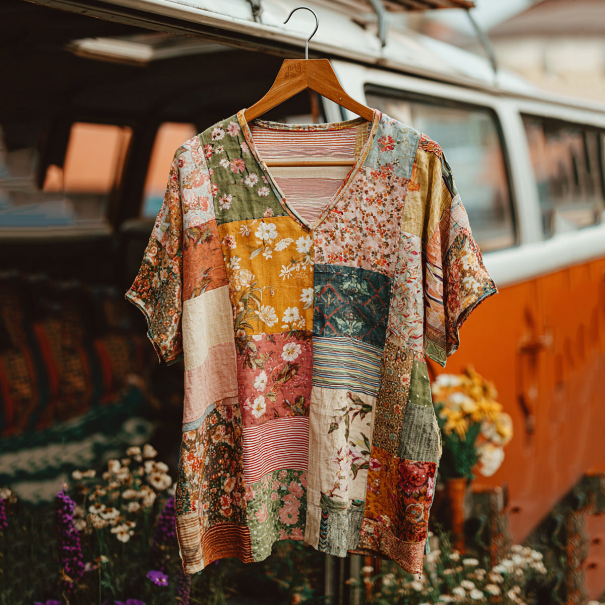 Countryside Style Collection Classy Patchwork Floral Pattern Art Linen Short Sleeve Tshirt elevenforest