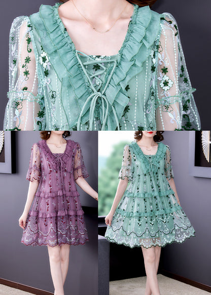 Light Green Tulle Vacation Dress Hollow Out Embroidered Short Sleeve