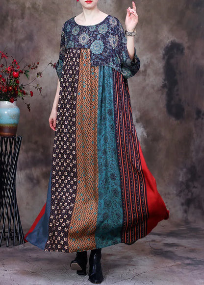 Green O-neck Print Patchwork Silk Long Dresses Long Sleeve