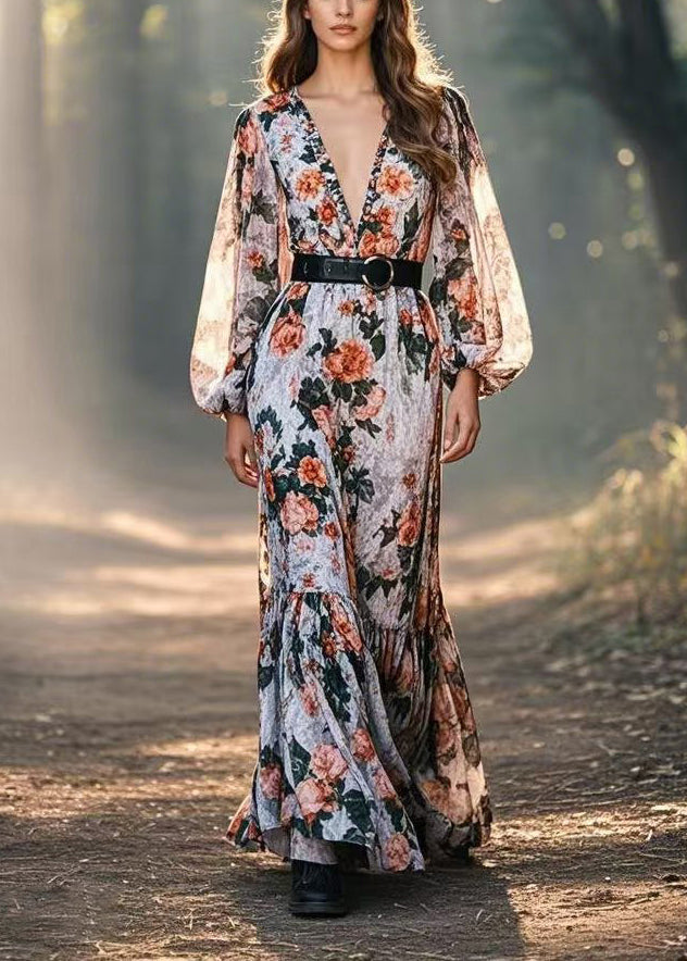 Cinched Print Cotton Long Dresses Spring