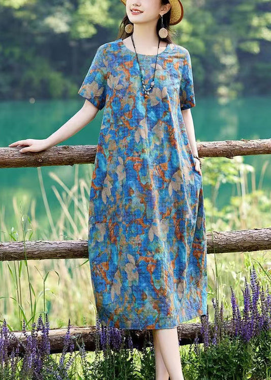 Classy Blue O-neck Print Cotton Long Dress Summer