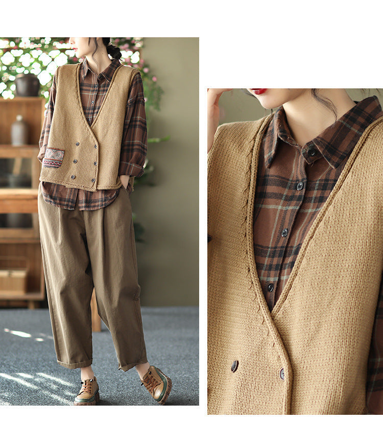 Knit Loose Double-breasted Patch Vest