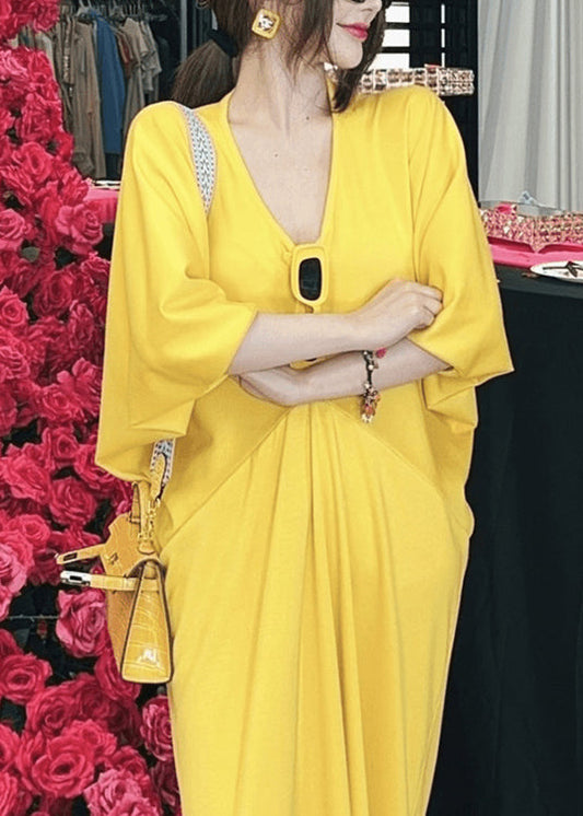 Yellow V Neck Patchwork Cotton Dresses Batwing Sleeve