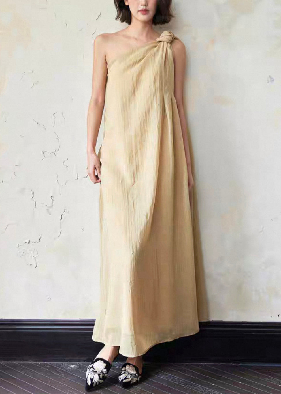 Loose Yellow Cold Shoulder Linen Long Dress Sleeveless