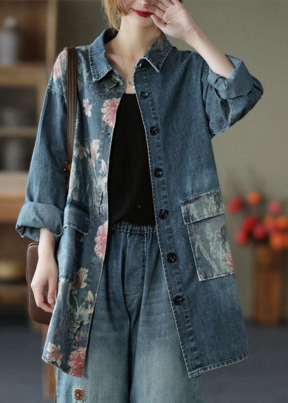 Classy Big Flower Print Patchwork Blouse Tops Long Sleeve