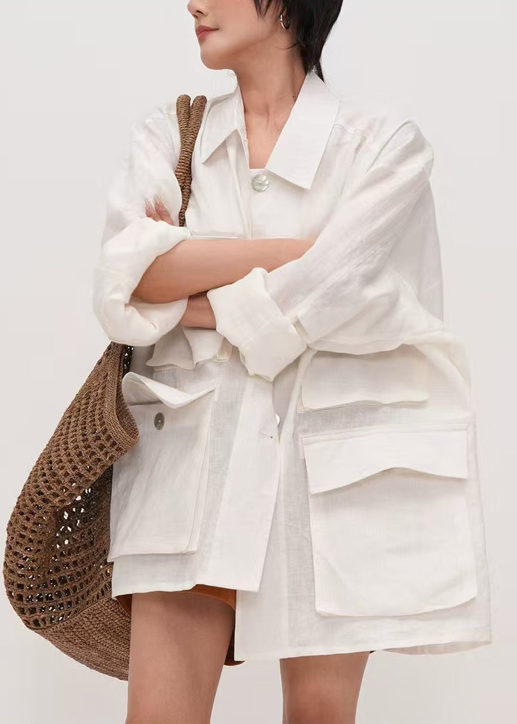 White Oversized Pockets Cotton Shirt Top Summer