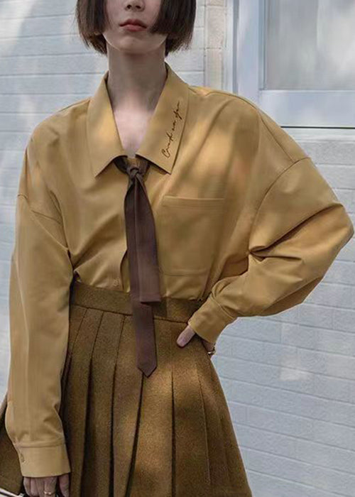 Yellow Embroidered Button Patchwork Cotton Shirt Fall