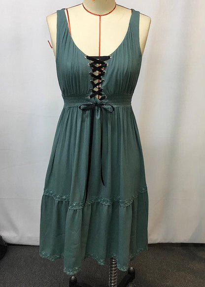 Green Ruffled Patchwork Long Spaghetti Strap Dress Sleeveless