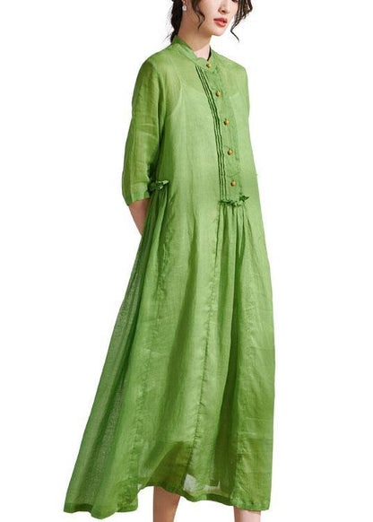Art Green Ruffled Button Summer Ramie Party Dresses Half Sleeve