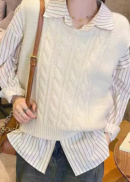 Style Versatile Beige O Neck Knit Vest Tops Sleeveless