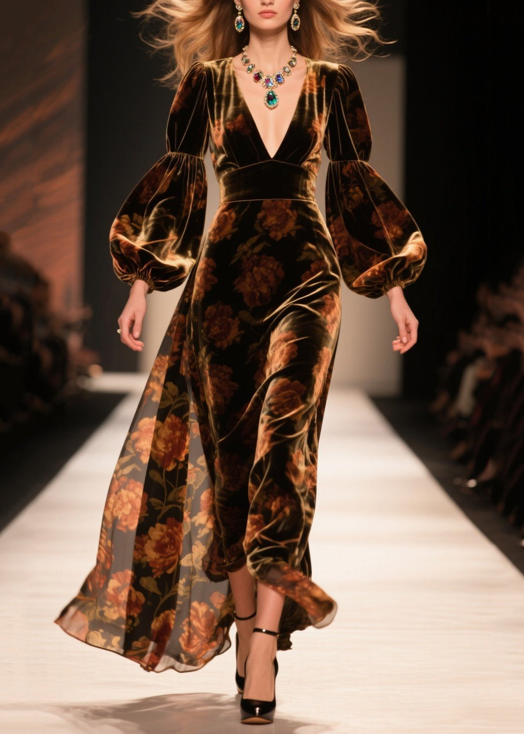 V Neck Print Velvet Ankle Dress Lantern Sleeve