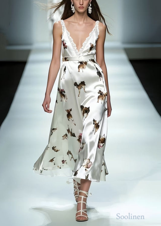 Classy White Print Draping Silk Cami Dresses Summer