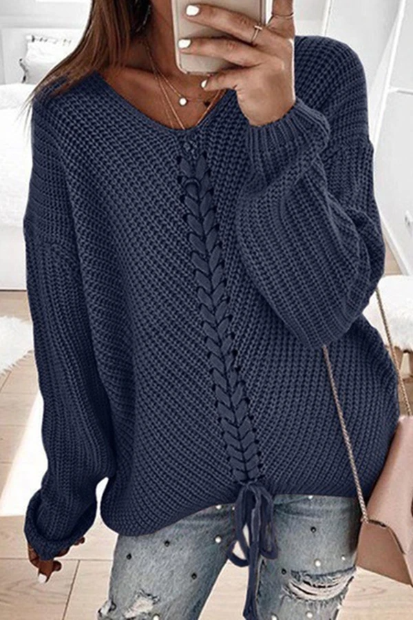 Color Drawstring Knitted Sweater