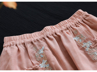 Double Cotton Linen Embroidered Buckle A-line Skirt