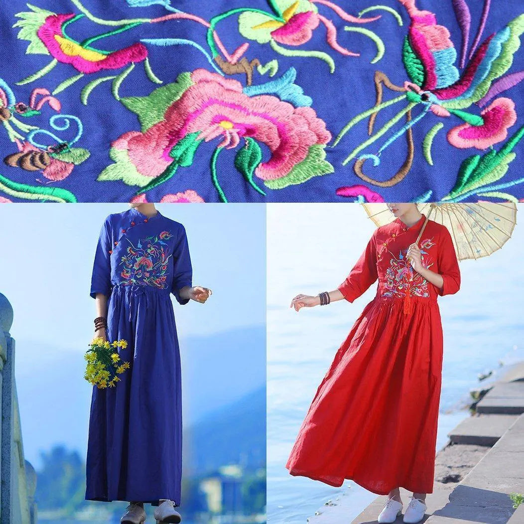 Red Embroidery Linen Robes V Neck Drawstring Summer Dresses