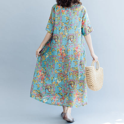 Blue Print Linen Dresses Clothing V Neck a Line Skirts Caftans Short Sleeve Dresses