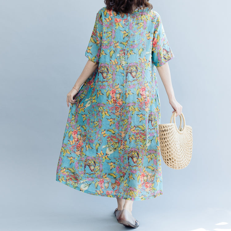 Blue Print Linen Dresses Clothing V Neck a Line Skirts Caftans Short Sleeve Dresses