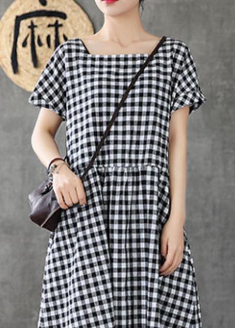Organic Black Plaid Linen Cotton Quilting Clothes Square Collar Patchwork Cotton Summer Dress