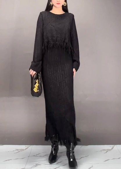 Stylish Brown O-neck Asymmetrical Tassel Top and Maxi Skirts Two Pieces Set Spring