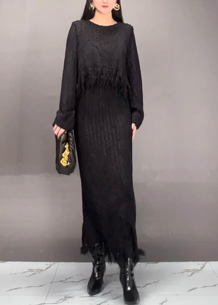Stylish Brown O-neck Asymmetrical Tassel Top and Maxi Skirts Two Pieces Set Spring