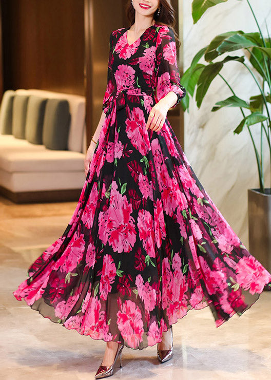 Rose V Neck Print Chiffon Maxi Dresses Summer