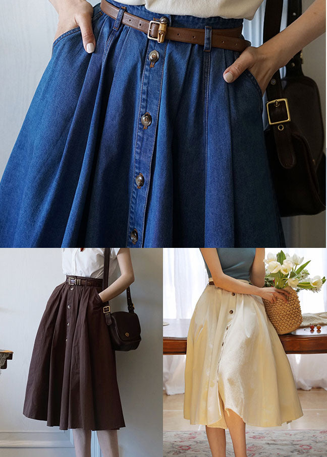 French Chocolate High Waist Single Breasted Cotton a Line Skirts Spring