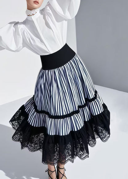 Blue Striped Patchwork Lace Skirt Summer
