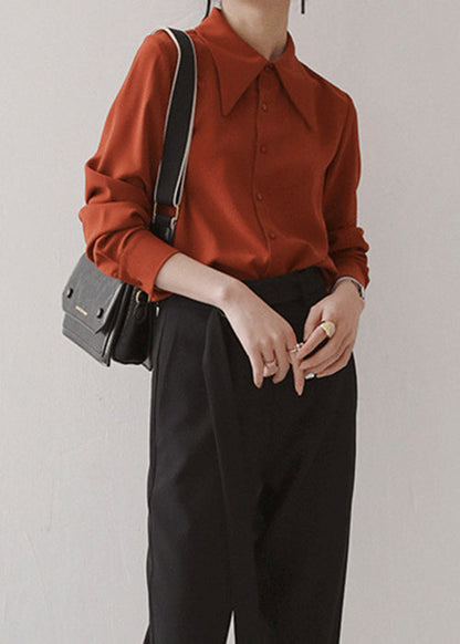 Italian Rust Button Chiffon Blouses Long Sleeve