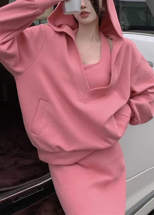Loose Pink Hooded Pockets Tops and Dress Cotton Two Pieces Set Spring