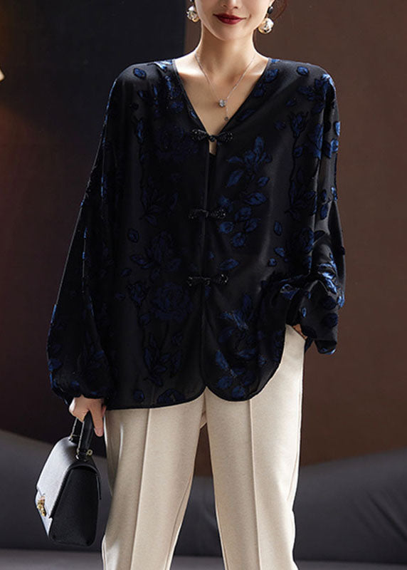 Black V Neck Embroidered Velour Shirt Fall