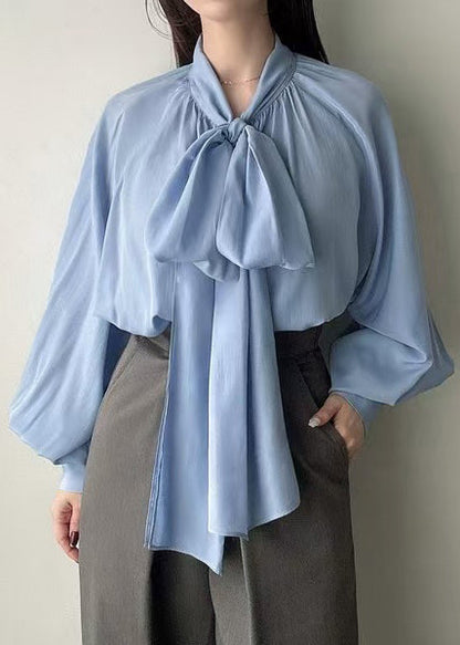 Blue Bow Oversized Silk Tops Lantern Sleeve
