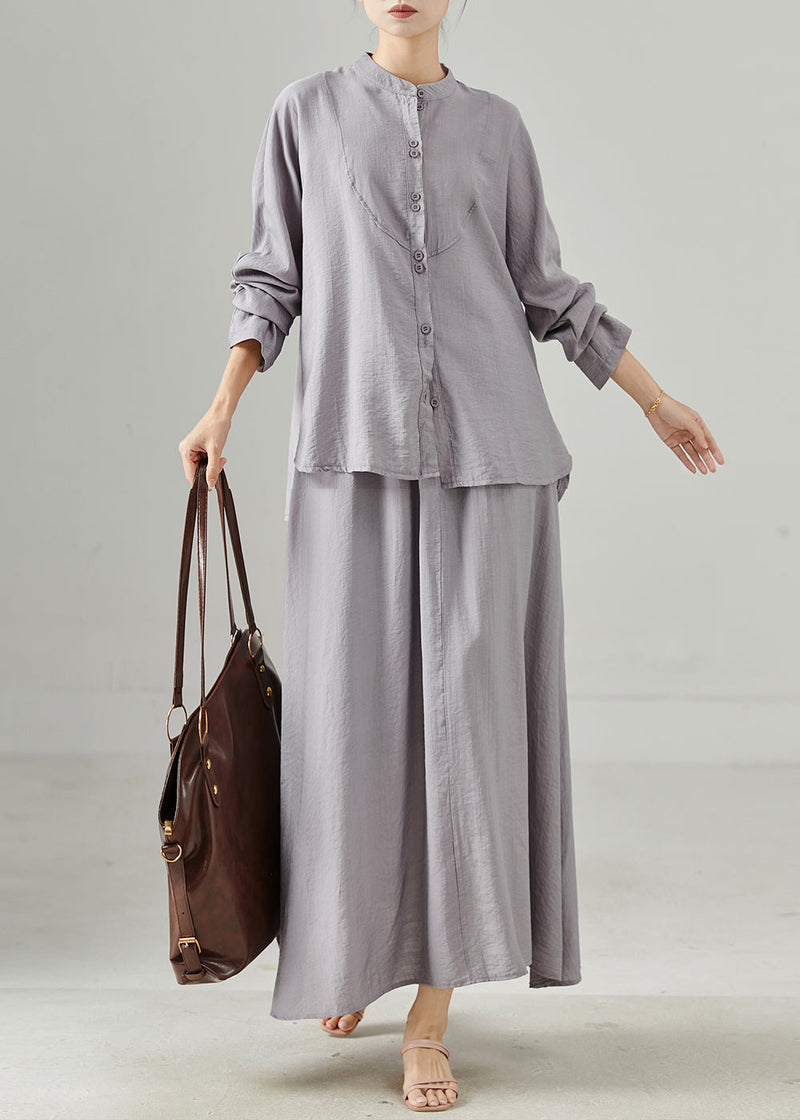 Grey Stand Collar Cotton Tops and Skirts Two Pieces Set Spring