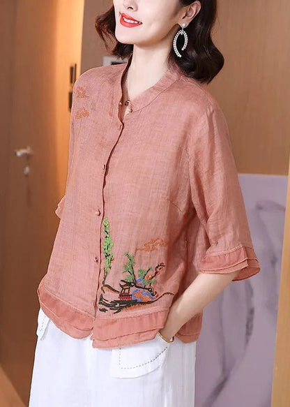 Pink Stand Collar Embroidered Button Linen Shirt Half Sleeve