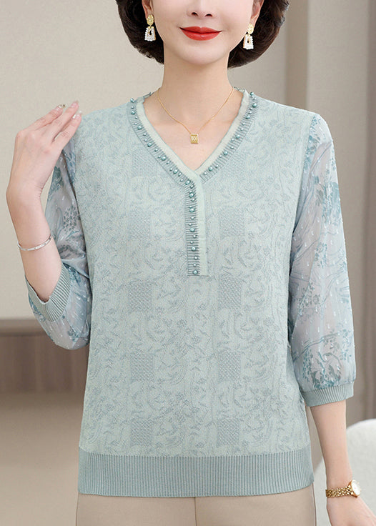 Pink V Neck Nail Bead Patchwork Knit T Shirt Half Sleeve