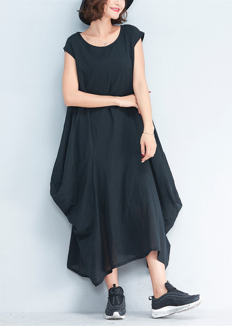 Black Natural Cotton Polyester Dress Oversize Sleeveless Traveling Dress Kaftans