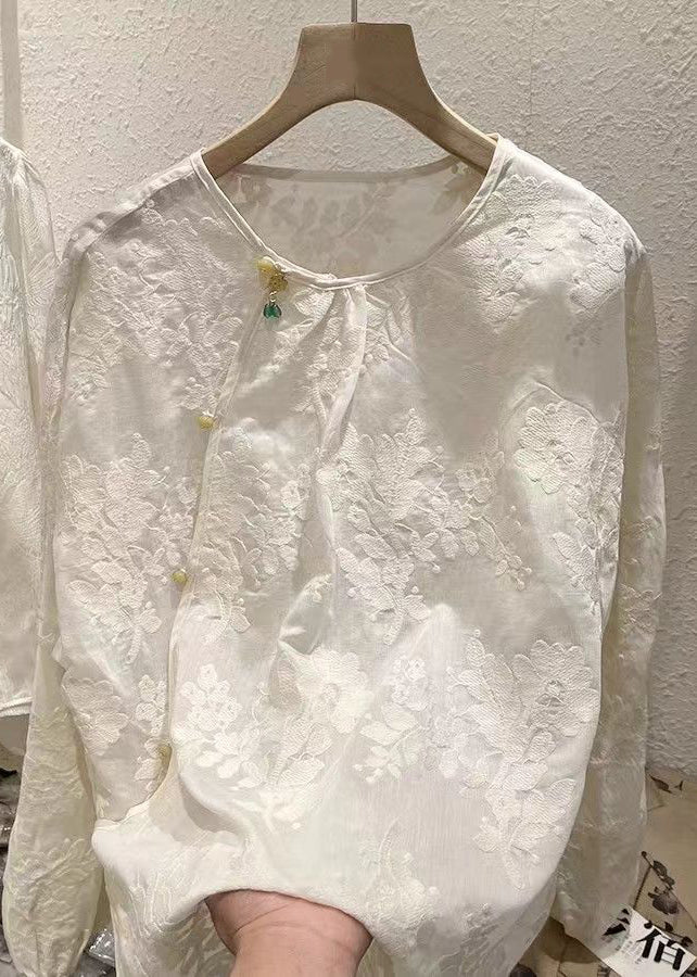 Beige O-neck Button Jacquard Chiffon Blouse Tops Spring