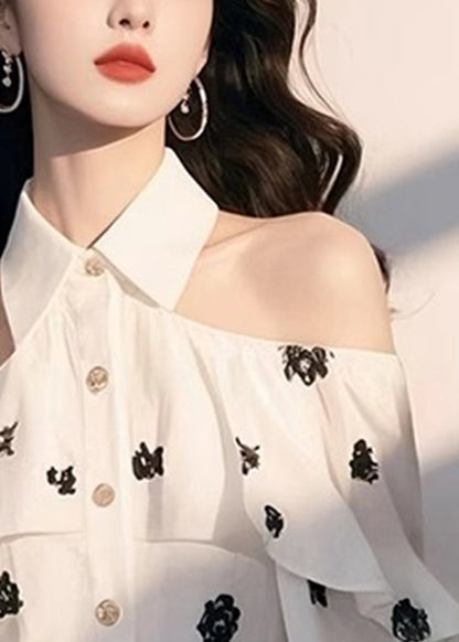 White Cold Shoulder Print Chiffon Shirt Fall