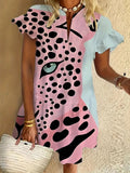 Pink cheetah ruffle short-sleeved V-neck button dress holiday beach dress