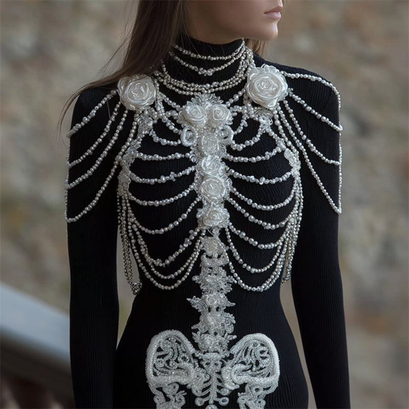 Comstylish Classy White Roses Skeleton Pearls Lace Art Turtleneck Sweater