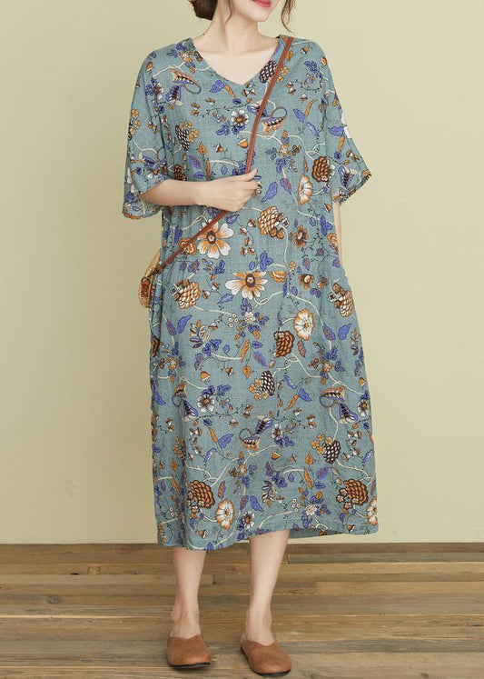 Handmade V Neck Pockets Summer Wardrobes Sewing Gray Print Robe Dresses