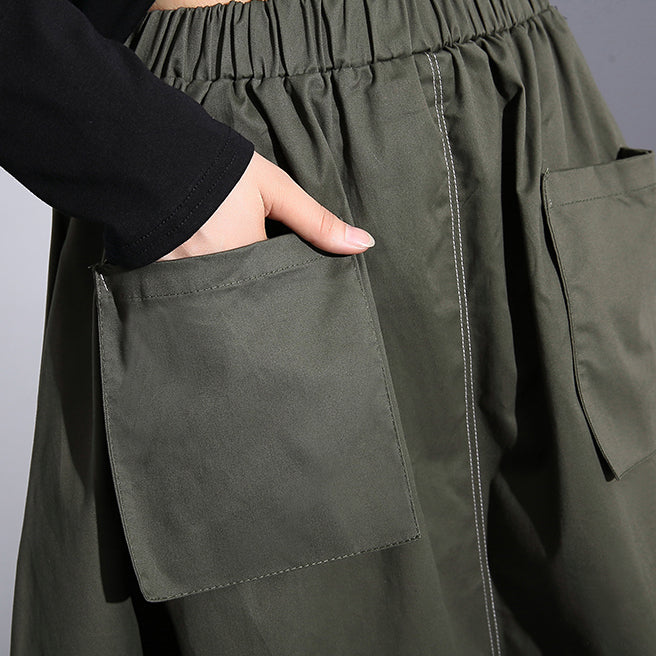Fine Army Green Natural Cotton Skirt Oversize a Line Skirts Traveling Boutique Pockets Drawstring Cotton Skirt