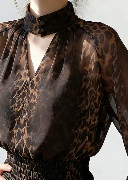 Leopard Turtleneck Hollow Out Chiffon Shirts Spring