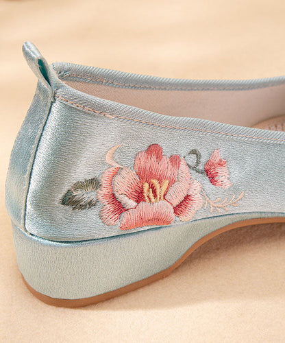 Light Blue Satin Embroideried Shoes Splicing Wedge Pointed Toe