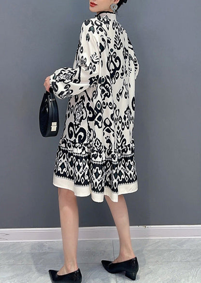 White Stand Collar Print Maxi Dresses Lantern Sleeve