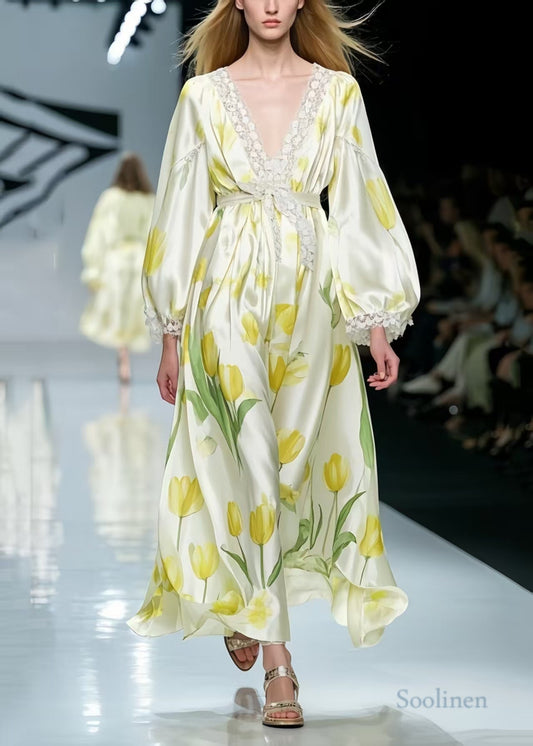 Yellow Silk Party Dress Tie Waist Spring