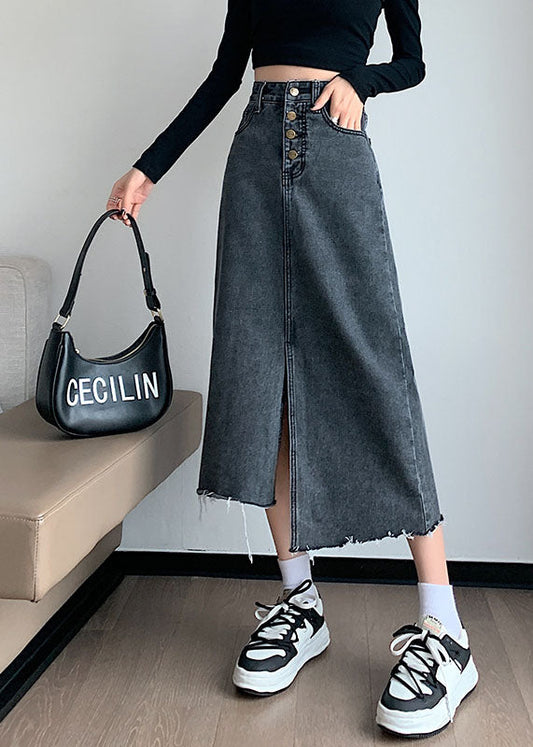 Stylish Black Grey High Waist Side Open Asymmetrical Cotton a Line Skirts Summer
