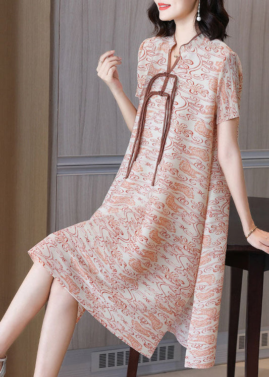 Khaki Print Tassel Side Open Silk a Line Dress Short Sleeve